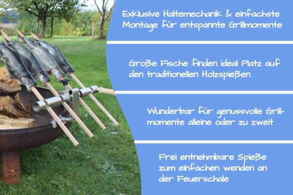 Steckerlfisch Grillaufsatz für 4 Fische I Holzspieß I Feuerschale